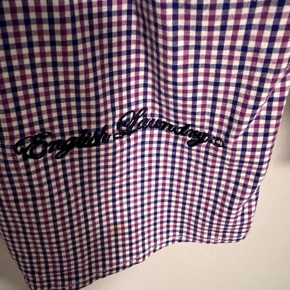 English Laundry Christopher Wicks Mens 16 32-33 Gingham Shirt Purple Navy - Picture 12 of 12